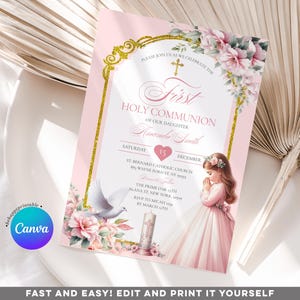 EDITABLE Blonde Girl Pink Floral First Holy Communion Cross Invitation, Primera Comunión Little Girl Praying Christening Holy Spirit, CR1