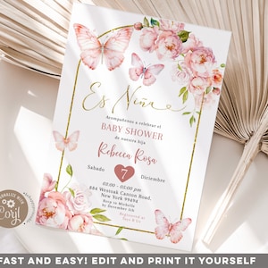 Convite editável para chá de bebê de menina rosa espanhola, chá de bebê minimalista dourado rosa es nina, convite elegante para chá de bebê com rosas rosa B11