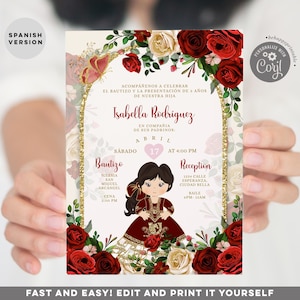 Faire-part de baptême espagnol modifiable et 3e anniversaire, invitation Boho or bordeaux fleurs rouges Bautizo, Mexican Presentación Tres años, R04