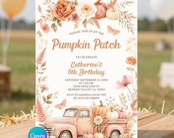 Editable Boho Pampas Grass Pumpkin Patch Birthday Bash Truck floral Invitation, Pumpkins Leaves & Stacks of Hay Fall Birthday Invite, S538