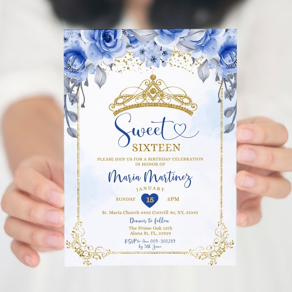 Editable Sweet Sixteen Navy Blue Flowers Gold Birthday Invitation, Elegant Navy Blue Gold Crown Glitter Sweet 16th Birthday invite, S243