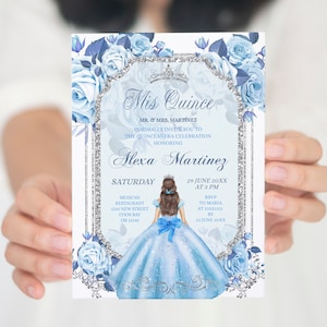 Pastel Blue Floral Mis Quince Invite, Editable blue dress mexican girl birthday invite,  silver crown & blue mis quince spanish invite S243