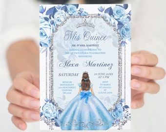 Pastel Blue Floral Mis Quince Invite, Editable blue dress mexican girl birthday invite,  silver crown & blue mis quince spanish invite S243