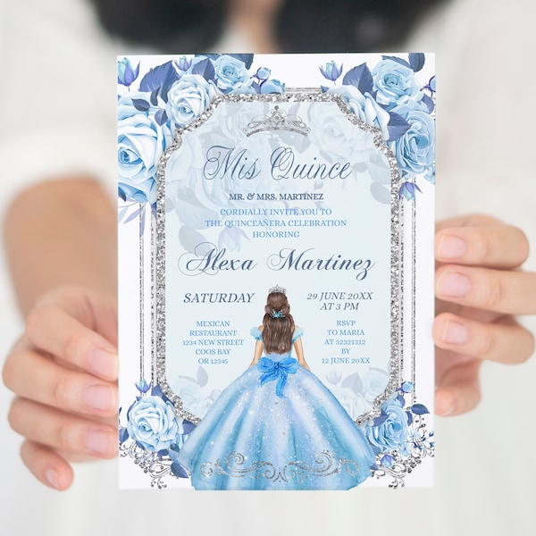 Pastel Blue Floral Mis Quince Invite, Editable blue dress mexican girl birthday invite,  silver crown & blue mis quince spanish invite S243