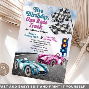 Editable Kid&#39;s Joint Birthday Race Car Invite, Blue and Pink siblings boy girl birthday party, Vintage double retro racing cars birthday R15