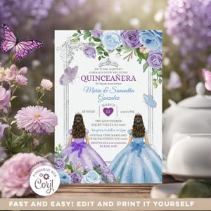 Invito elegante per la festa della Quinceanera con gemelli in argento blu e viola, abiti da principesse a farfalla per 15 anni, gemelli reali con cornice dorata per la Quinceañera S466