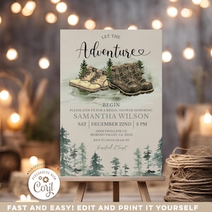 May include: A rustic-themed bridal shower invitation with a watercolor background of green trees. The invitation features a pair of hiking boots with the text "Let the Adventure Begin" and the bride's name, Samantha Wilson. The date and time of the shower are listed as December 22nd at 3 PM. The location is 13006 Pavillion Ct., Moreno Valley, CA 92553. The RSVP information is to Anita at 123 456 789. The invitation also states that the couple is registered at Target.