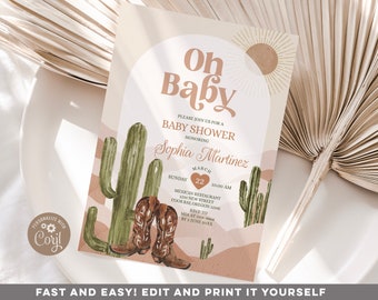 Bearbeitbare Wüsten-Babyparty-Einladung, elegante südwestliche Kaktuswüste, geschlechtsneutral, warmer Erdton, Mädchen-Texas-Babyparty, S468