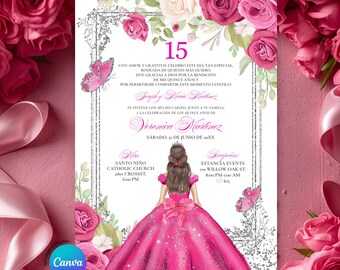 Spanish Quinceañera Fuchsia Silver 15 Años Princess Invitation, Mexican Mis Quince Fuchsia Pink Floral Coquette Sweet 16th Butterfly, S385
