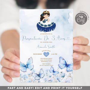 Elegante borboleta apresentação de três anos convite niña, flores silvestres azuis linda garota 3º aniversário coroa de ouro mexicana convite glitter RV021