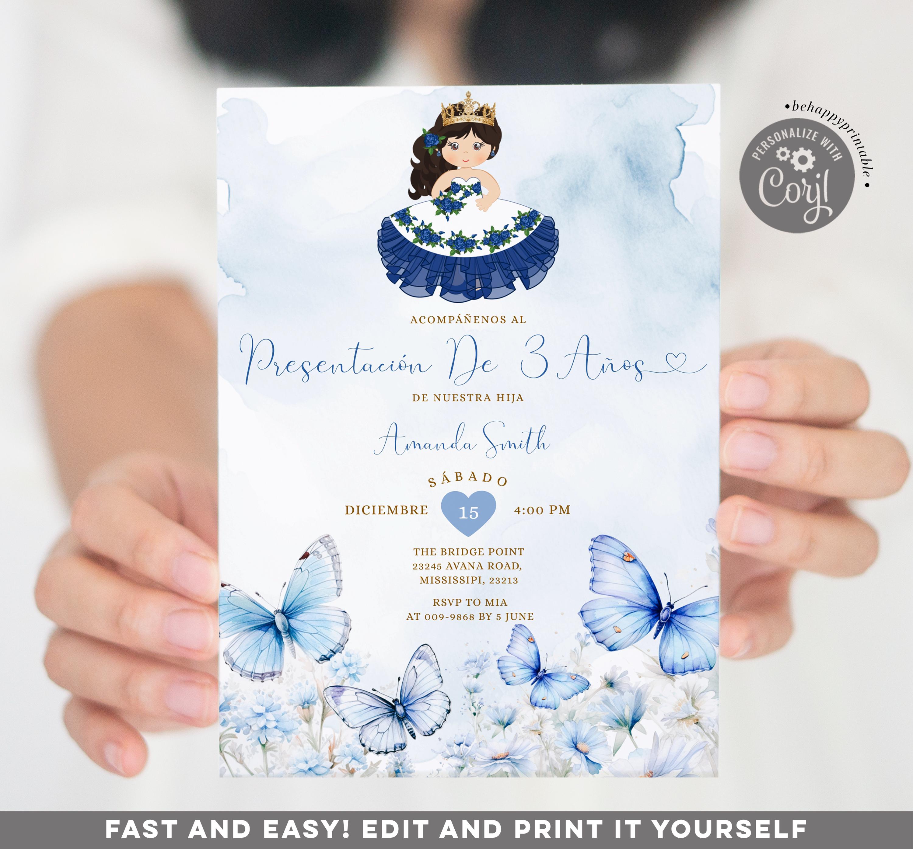 Elegant Butterfly Presentación de tres años invitación niña, Blue Wildflowers Cute Girl 3rd Birthday Mexican Gold Crown Glitter invite RV021