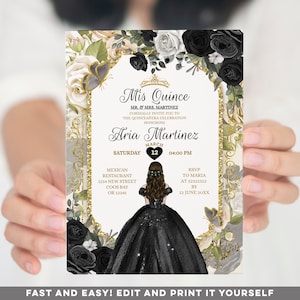 Bearbeitbare schwarze Mis Quince Einladungen, Eleganter mexikanischer Schwarz & Gold Blumen 16