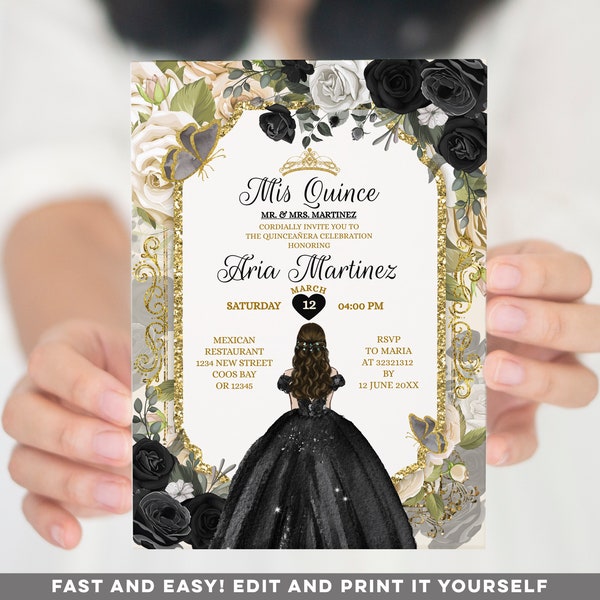 Editable Black Mis Quince invitations, Elegant Mexican Black & Gold Floral 16th Birthday, Butterfly Sweet 15 Anos Quinceañera invite, S444