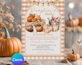 May include: A fall-themed gender reveal invitation with pumpkins, a football, and a diaper graphic. The invitation features the text "Pumpkins & Brews & Diapers Too" and details for Amanda and Jonathan's event. The background has a gingham pattern.