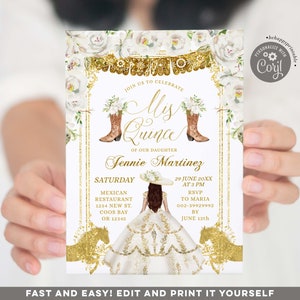 Editable white and gold quinceañera invitation, white gold dress mis xv años invitation, elegant white floral quince invite, gold horse S429