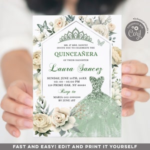 Editable boho sage green floral mis quince invitation, sage green ivory sweet 15 birthday invitation, elegant royale dress princess XV Q26