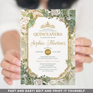 Editable Quinceañera Sage Green Gold Mexican Princess 15 Anos Invitation, Elegant Girl Mis Quince butterfly 16th birthday Crown invite, S444