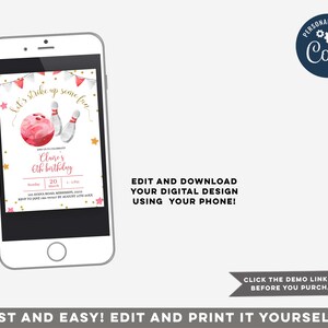 Puede incluir: Una invitaci&oacute;n digital para una fiesta de cumplea&ntilde;os de 6 a&ntilde;os con tem&aacute;tica de bolos. La invitaci&oacute;n presenta una bola de bolos rosa y blanca y bolos con estrellas doradas y una pancarta que dice "Let's strike up some fun".