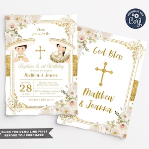 Gold White Floral Baptism Fiesta Twin Invitation, Twin siblings invite, Boy Girl Mexican Cross Invite Charro Baptism, Fiesta Birthday, S219