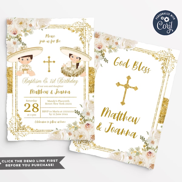 Convite para Batizado de Gêmeos com Estampa Floral Dourada e Branca, Convite para Irmãos Gêmeos, Convite com Cruz Mexicana para Menino e Menina, Batizado Charro, Aniversário com Tema de Festa, S219