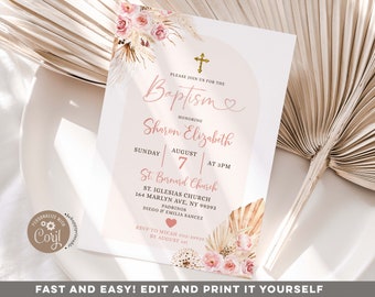 Editable boho pink baptism invitation, pink christening invitation, boho pink arch baptism invite, pink floral baptism, gold cross S420