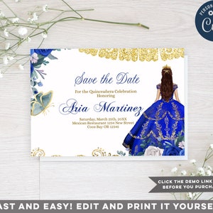 Editable Royal Blue Princess Quinceanera Save the Date Card, 15th Girl birthday Blue flowers, Gold Crown Frame, Mis Quince 15 Anos, S390