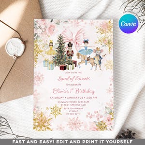 Winter roze strik notenkraker Land van snoep 1e verjaardagsuitnodiging, roze sneeuwvlokken suiker pruim Fairy ballet thema meisje verjaardagsfeestje, S500