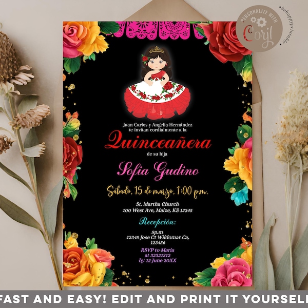 Bearbeitbare süße Mädchen-bunte Quinceañera-Einladung, elegante bunte Blumen zum 16. Geburtstag, mexikanisches Kleid 15 Anos Mis Quince-Einladung, S520