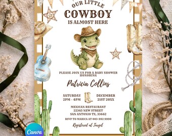EDITABLE Dino Our Little Cowboy Cute Baby Shower Clothesline Invitation, Cactus Wild West T-Rex New Baby Invite, Dinosaur Baby Shower, ZA01