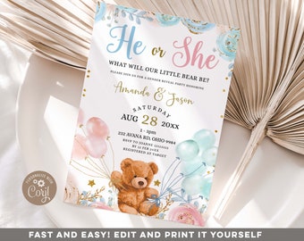 Editable Bear Gender Reveal Invitation, Boy or Girl Soft Pink & Blue Floral Bear Balloons invite, We can bearly wait baby shower, S295