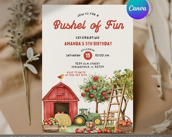 May include: A watercolor-style invitation for Amanda's 5th birthday, featuring a red barn, apple trees, a tractor, and the text "Bushel of Fun." The invitation includes the date, time, and location.