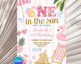 Editable Pink Stripe ONE in the sun beach Party girl Birthday Invitation, Fun Summer Swim Party Neutral Invite, Birthday Beach Party Z101