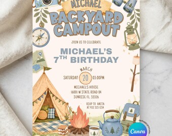 Editable Boho Blue Backyard Campout Boy Birthday Invitation, Blue Adventure Awaits Boy Birthday Outdoor, Glamping Woodland Floral, ZLC08