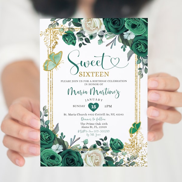 Editable Sweet 16 Emerald Green Birthday Invitation, Emerald Green & White Butterfly Quinceañera Gold Glitter Sweet Sixteen Birthday, S385