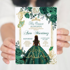 Bewerkbare Mis Quince Emerald Green 15 Anos verjaardagsuitnodiging, elegante Mexicaanse prinses quinceañera, Spaans meisje Sweet 16th Floral, S385