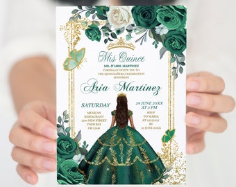 Editable Mis Quince Emerald Green 15 Anos Birthday Invitation, Elegant Mexican princess quinceañera, Spanish girl sweet 16th Floral, S385