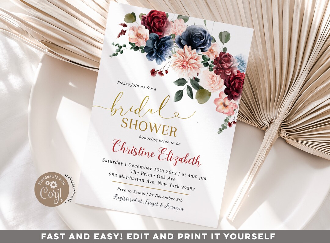 Editable Navy Burgundy Bridal Shower Invitation, Modern Minimalist