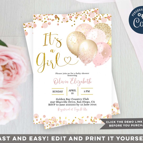 EDITABLE It's a Girl Baby Shower Invitation, Pink Blush Balloon Baby Shower Invite, Printable Pink and Gold Glitter Girl Baby Shower, E42