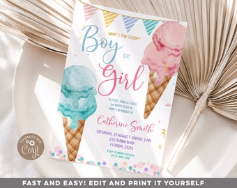 Editable What's The Scoop Ice Cream Gender Reveal Invitation, Colorful Glitter and fund Gender Reveal, Pastel Ice Cream Gender Reveal, S341