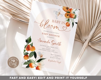 Editable Tropical Orange Baby in Bloom White Floral invitation, Elegant A Little Cutie is on The Way Citrus orange Baby Shower invite S471