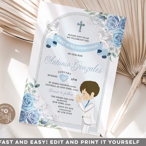 EDITABLE Boy White & Blue Floral 1st Holy Communion Holy Spirit Invitation, Primera Comunion Christening Blue Holy Communion invite, S449