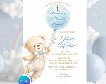 Blue Balloon Spanish Boy Fiesta Bautizo y primer anito Bear Greenery Floral Invitation, Baptism & Birthday Christening Bow Coquette, ZL26