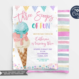 Editable Three Scoops Of Fun 3rd Birthday Party Invitation, Gold Glitter Birthday Invite, Printable Pastel Colorful ice cream birthday S341