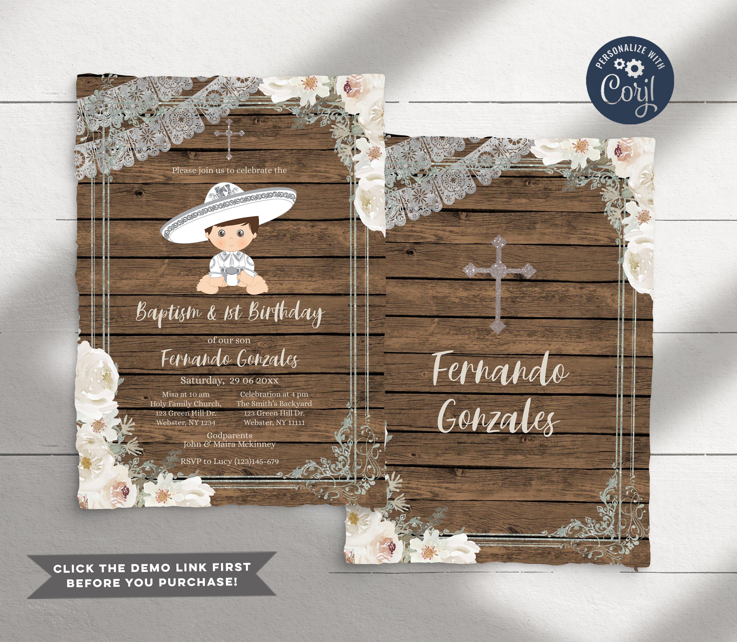 Boy Mexican Theme Wood Background Invitation Silver Printable Any Age DIY Spanish Baptism and 1st Birthday Rustic
