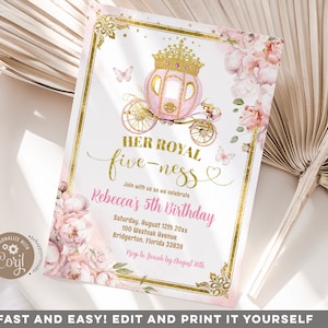 Editable gold pink royal five-ness birthday invitation, elegant princess carriage birthday, pink floral butterfly 5th birthday invite Z179