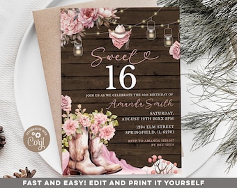 Editable Pink Cowgirl Floral Sweet 16 Birthday Invitation, Rustic woods western girl quinceanera, Cowgirl boots sweet sixteen floral LK1