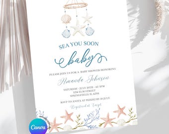 Editable Sea you Soon Blue Summer Ocean Baby Shower Invitation, Nautical Baby Is On The Way Baby Shower Invite, Under de Sea Animals Z100