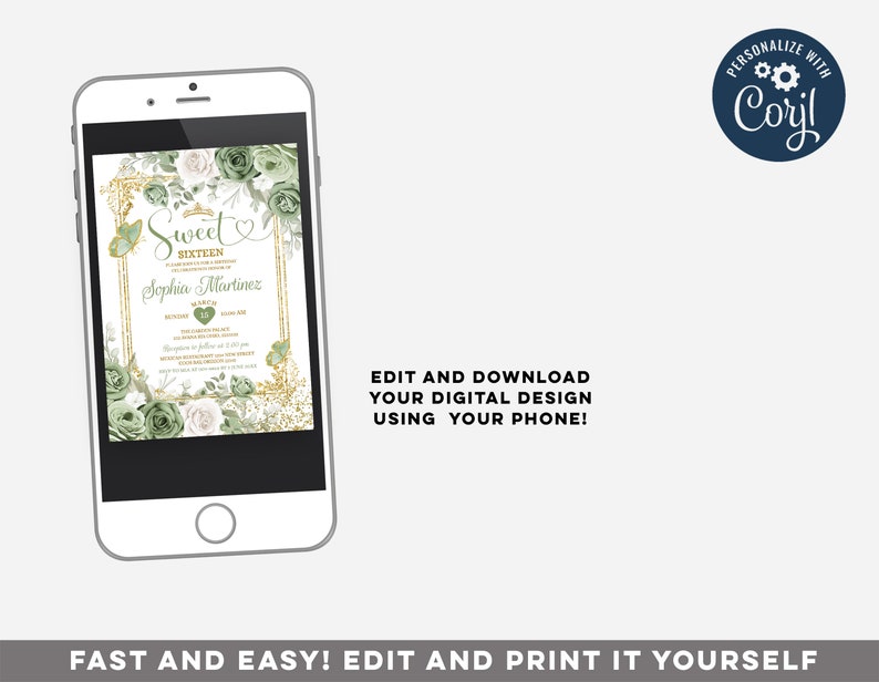 May include: A digital invitation template for a Sweet Sixteen birthday party. The invitation features a green and white floral design with gold accents. The text on the invitation reads "Sweet Sixteen" and "Sophia Martinez".