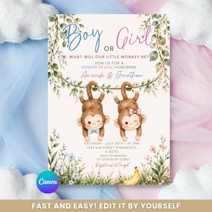 May include: A gender reveal invitation card featuring two watercolor monkeys hanging from a vine. The text reads: Boy or Girl, What will our little monkey be? Join us for a gender reveal honoring Amanda & Jonathan, Saturday July 20th at 3PM.