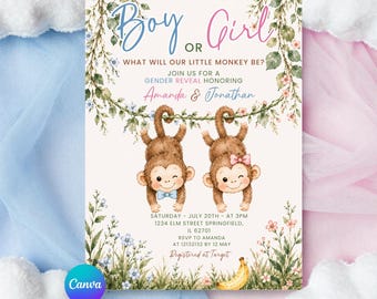Editable Boy or Girl Cheeky Little Monkey Gender Reveal Invitation, Blue and Pink Floral, Jungle He or She Monkey Baby Reveal invite, BB4
